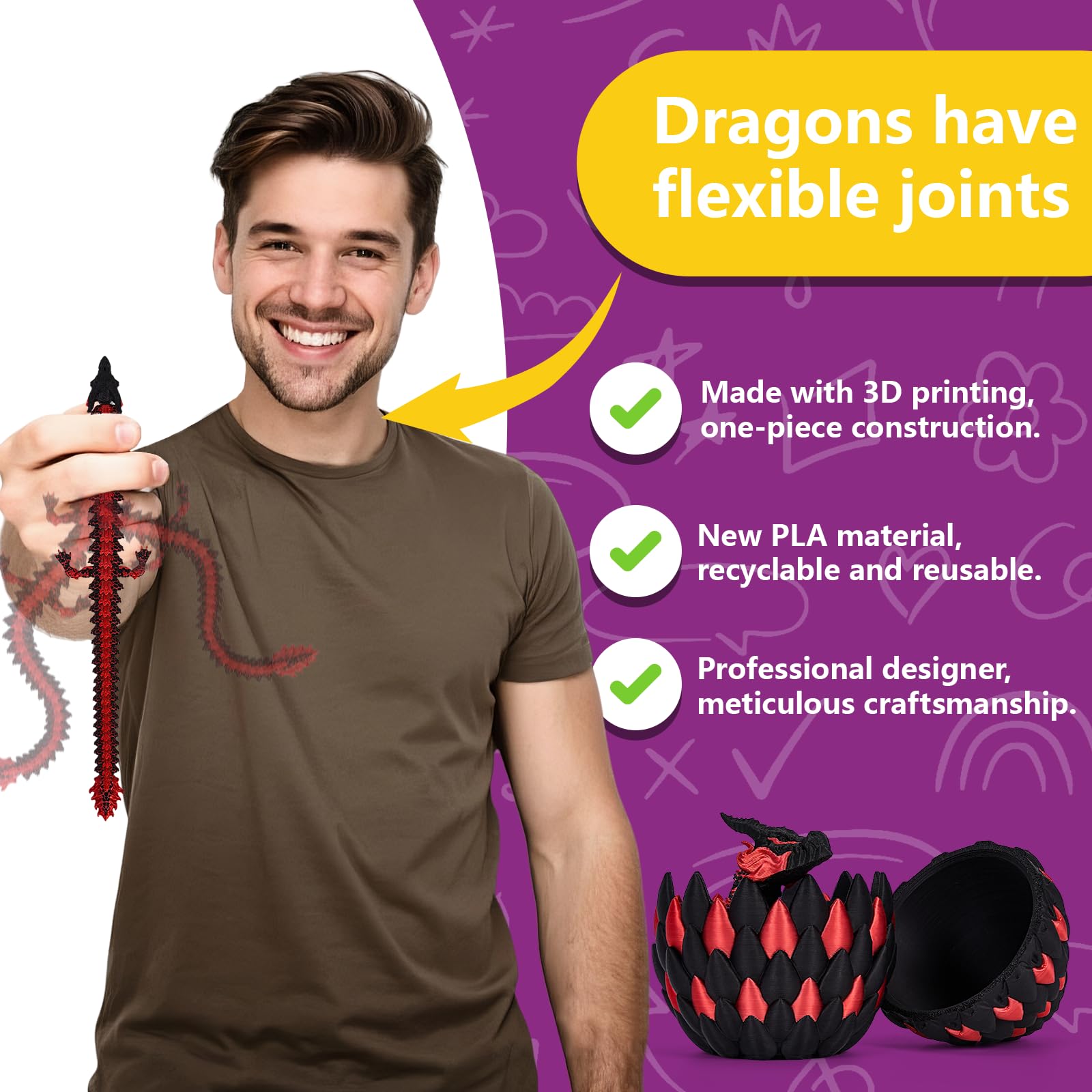 TBOLINE 3D Printed Dragon Egg with Articulated Dragon Inside - Fire Dragon