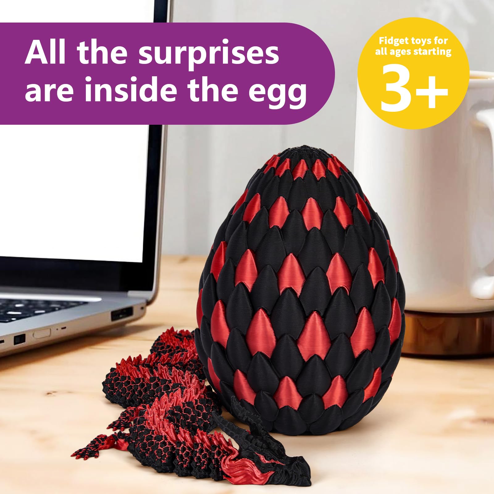 TBOLINE 3D Printed Dragon Egg with Articulated Dragon Inside - Fire Dragon