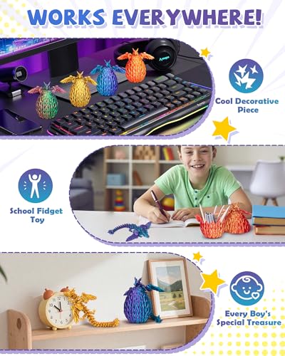 TBOLINE 4 Pack 3D Printed Dragons with Wings and Eggs – Removable Wing Fidget Toys for Kids