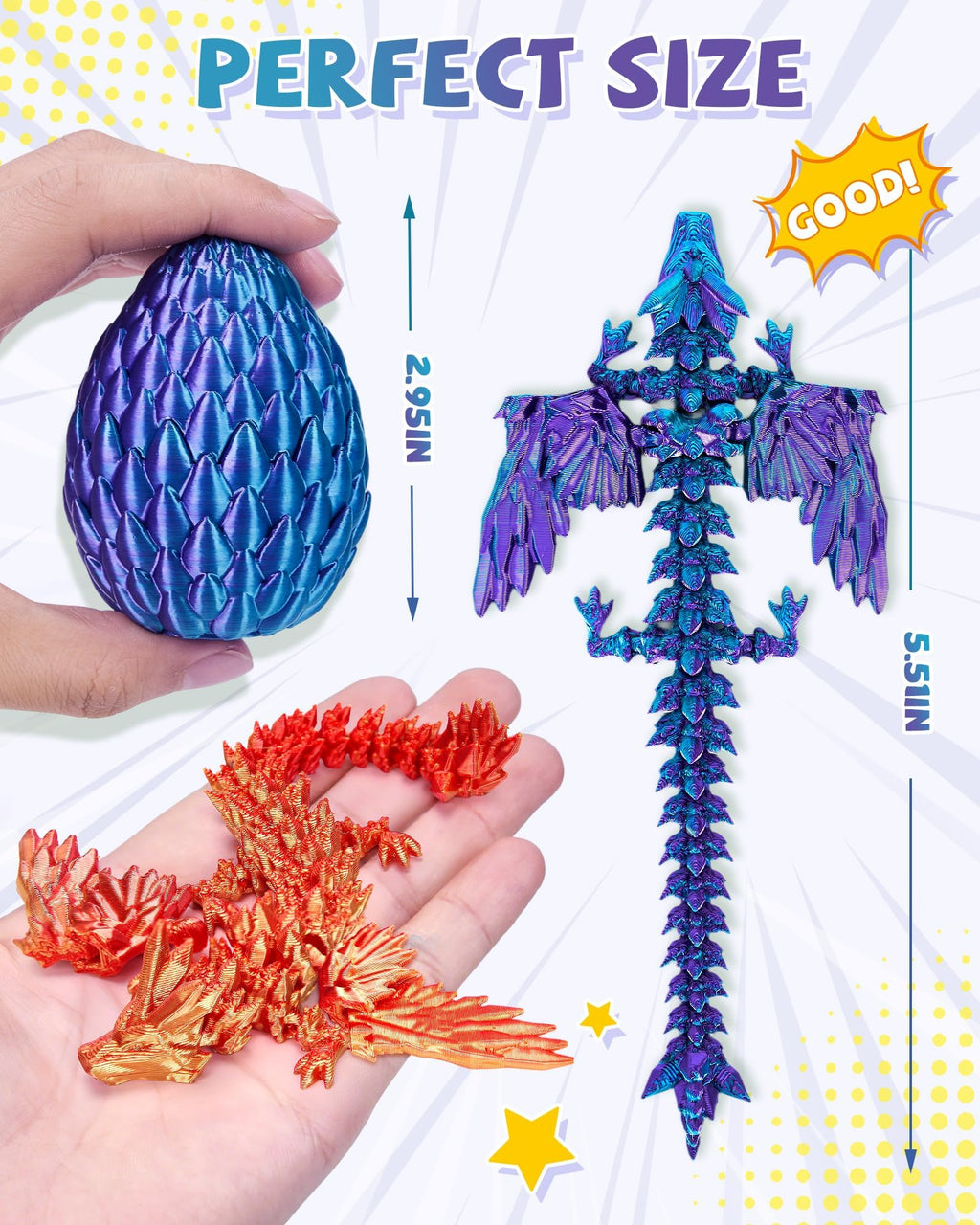 TBOLINE 4 Pack 3D Printed Dragons with Wings and Eggs – Removable Wing Fidget Toys for Kids