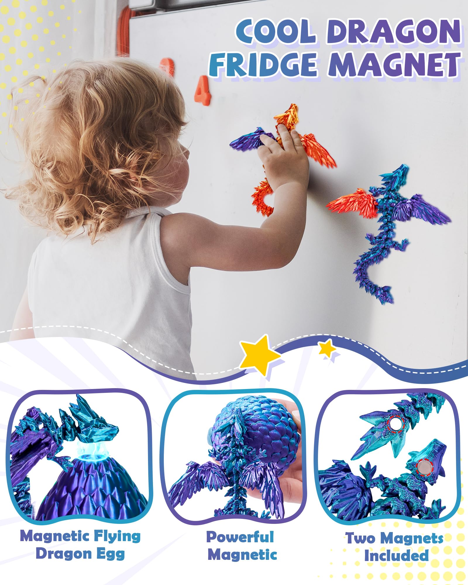 TBOLINE 4 Pack 3D Printed Dragons with Wings and Eggs – Removable Wing Fidget Toys for Kids