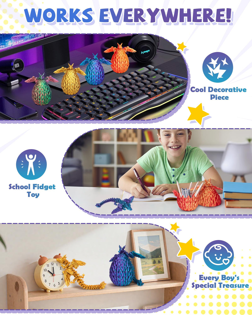 TBOLINE 4 Pack 3D Printed Dragons with Wings and Eggs – Removable Wing Fidget Toys for Kids