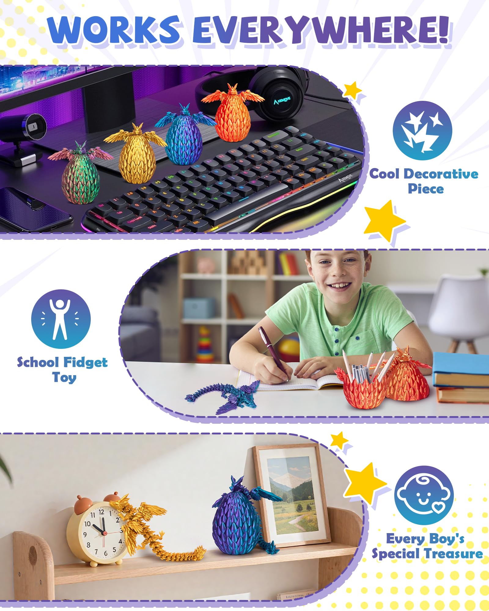 TBOLINE 4 Pack 3D Printed Dragons with Wings and Eggs – Removable Wing Fidget Toys for Kids