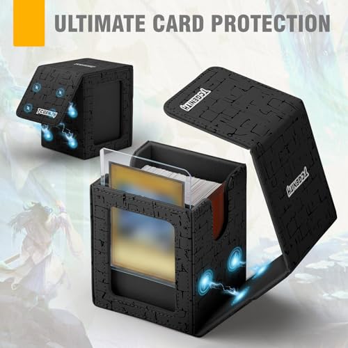 TCGENITH MTG Commander Deck Box with Display Window – Holds 100+ Double-Sleeved Cards, PU Leather Magnetic Closure Case (Black)