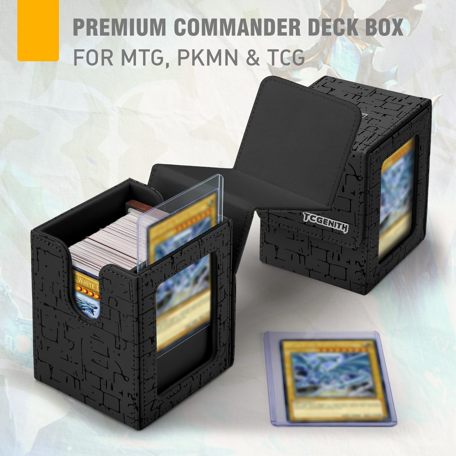 TCGENITH MTG Commander Deck Box with Display Window – Holds 100+ Double-Sleeved Cards, PU Leather Magnetic Closure Case (Black)