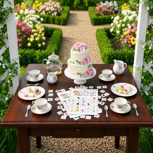 Tea Party Bingo Cards – 24 Players, 5x7 Inch Thick Cardstock, Smudge-Proof Matte Finish, Party Game for Adults and Kids