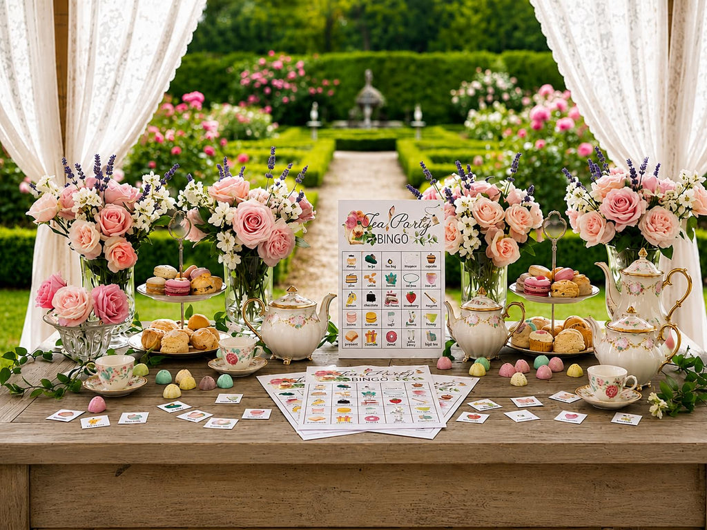 Tea Party Bingo Cards – 24 Players, 5x7 Inch Thick Cardstock, Smudge-Proof Matte Finish, Party Game for Adults and Kids