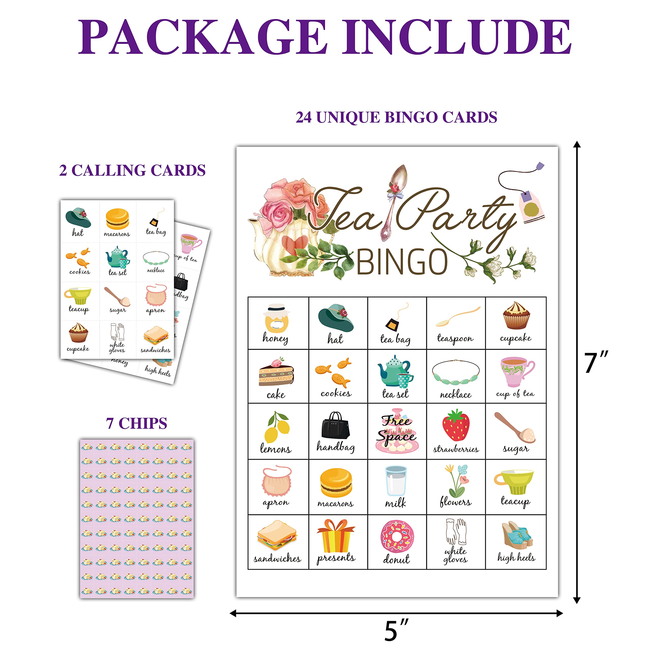 Tea Party Bingo Cards – 24 Players, 5x7 Inch Thick Cardstock, Smudge-Proof Matte Finish, Party Game for Adults and Kids