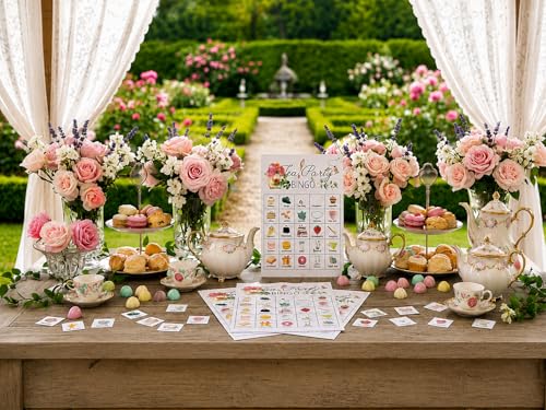 Tea Party Bingo Cards – 24 Players, 5x7 Inch Thick Cardstock, Smudge-Proof Matte Finish, Party Game for Adults and Kids