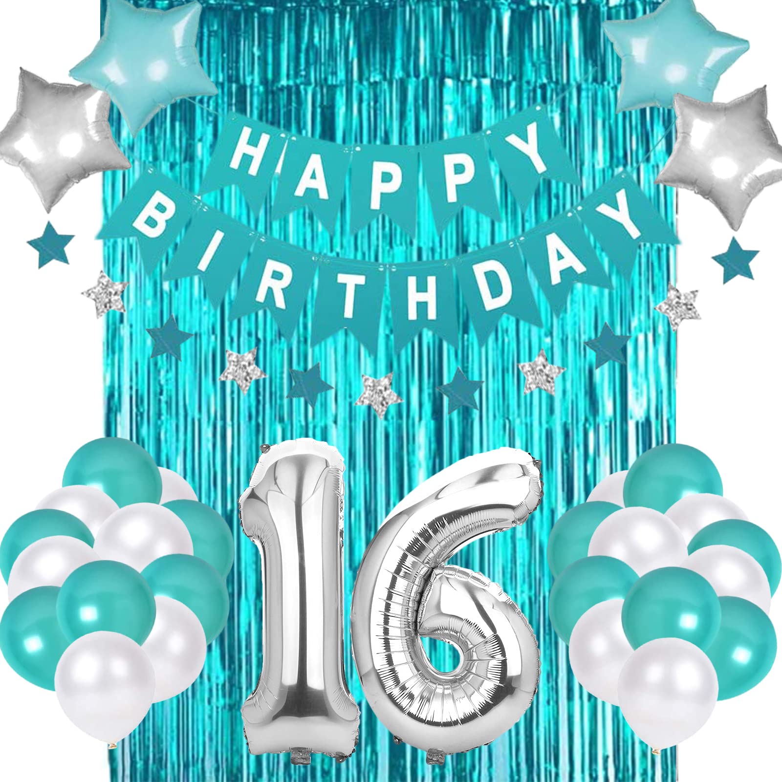 Teal Blue Sweet 16 Birthday Decorations – Banner, Balloons, Fringe Curtain & Star Garland Set for Girls