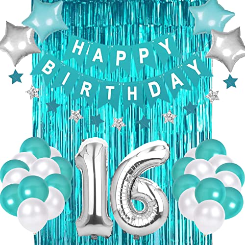 Teal Blue Sweet 16 Birthday Decorations – Banner, Balloons, Fringe Curtain & Star Garland Set for Girls