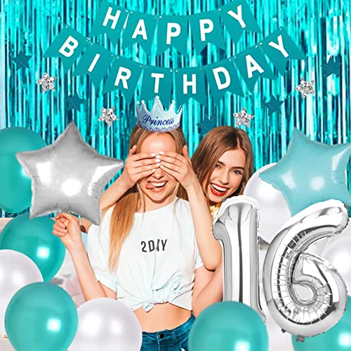 Teal Blue Sweet 16 Birthday Decorations – Banner, Balloons, Fringe Curtain & Star Garland Set for Girls