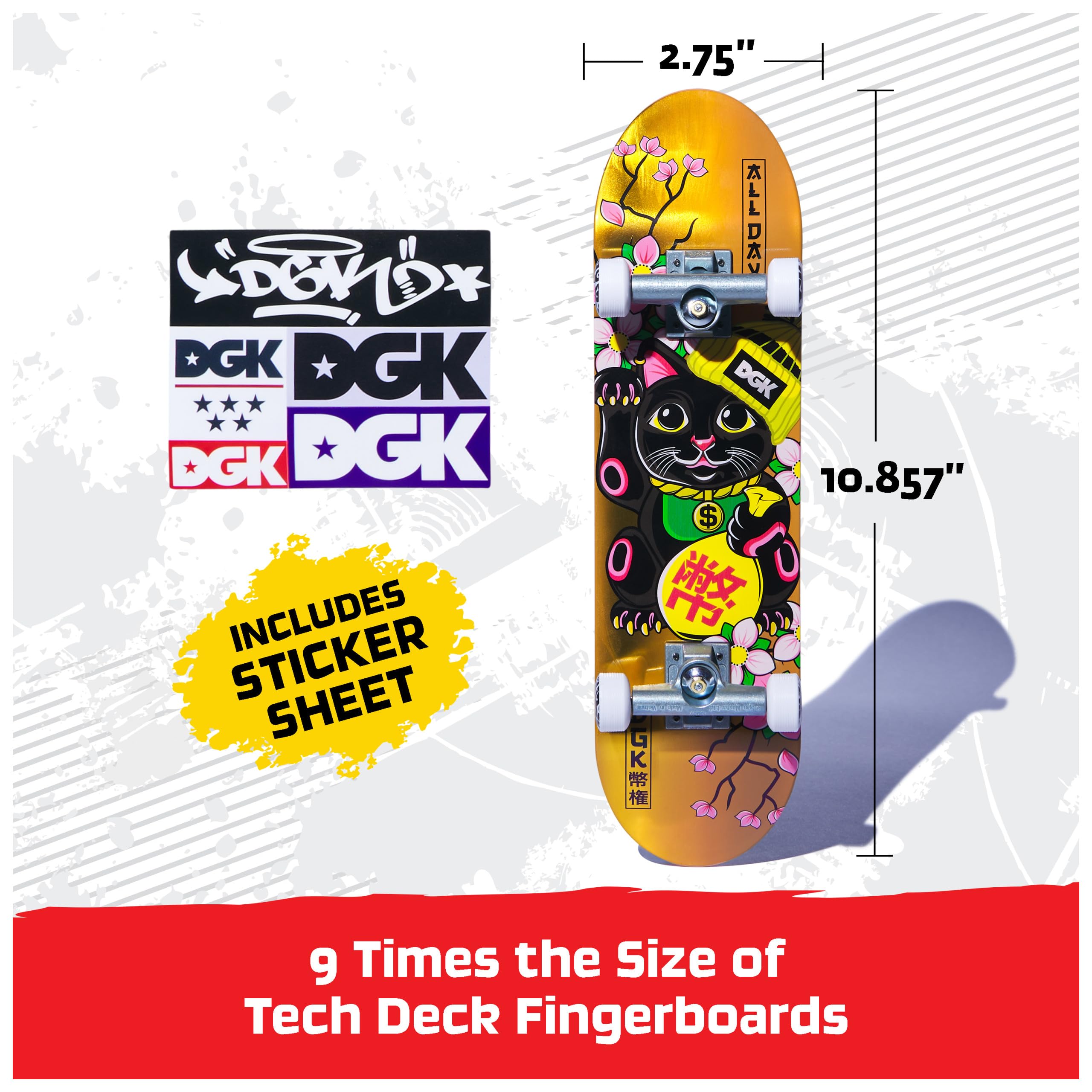 Tech Deck DGK Handboard - Authentic Mini Skateboard for Hands, 10.857-Inch Long, Die-Cast Trucks, Ages 6+