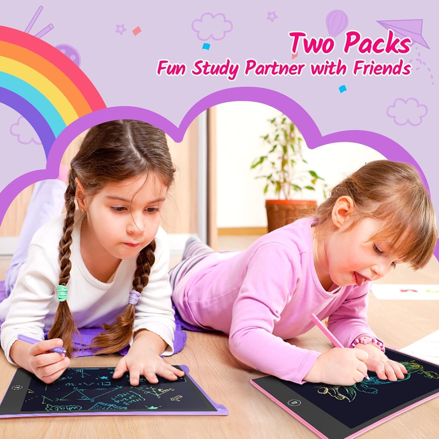 TECJOE 10-Inch LCD Writing Tablet 2-Pack – Colorful Doodle Board for Kids, Travel Learning Toy, Gift for Ages 3-8