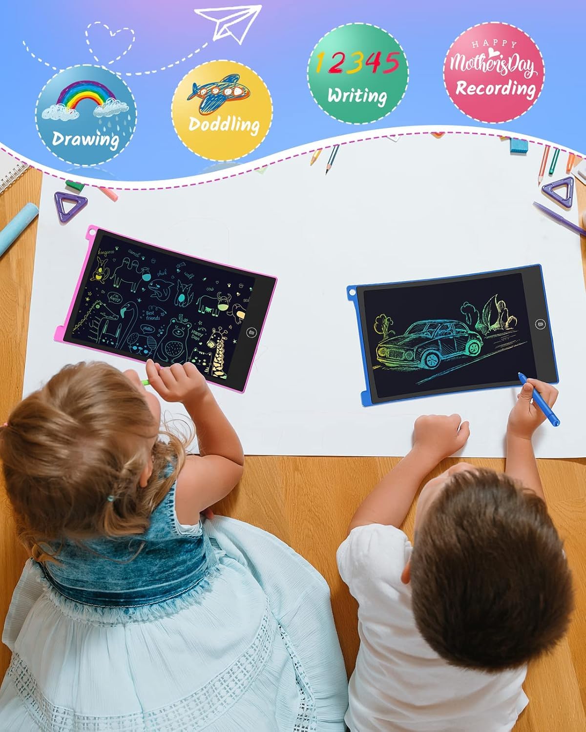 TECJOE 2-Pack 8.5-Inch LCD Writing Tablets – Colorful Doodle Boards for Kids Ages 3-6, Travel Learning Toys (Blue & Pink)