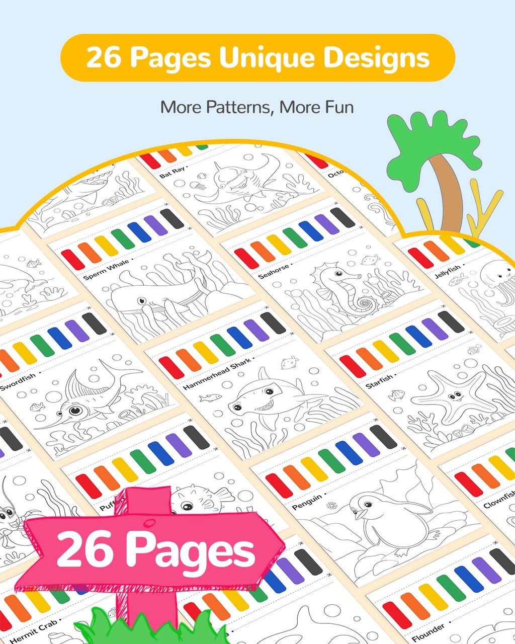 TECJOE Marine Animal Paint with Water Book – Mess-Free Watercolor Set for Kids Ages 4-8 with 3 Brushes