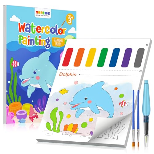 TECJOE Marine Animal Paint with Water Book – Mess-Free Watercolor Set for Kids Ages 4-8 with 3 Brushes