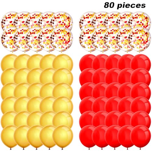 TecUnite 80-Pack Red & Yellow Confetti Balloons – 12 Inch Latex Party Balloons with Ribbon for Weddings, Birthdays, Baby Showers & More