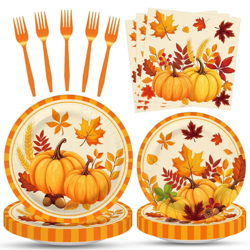 Tedercle 100-Piece Fall Pumpkin Leaves Tableware Set - Serves 25 – Disposable Plates, Napkins, Forks for Thanksgiving
