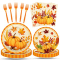 Tedercle 100-Piece Fall Pumpkin Leaves Tableware Set - Serves 25 – Disposable Plates, Napkins, Forks for Thanksgiving