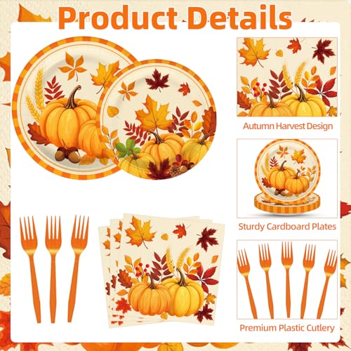 Tedercle 100-Piece Fall Pumpkin Leaves Tableware Set - Serves 25 – Disposable Plates, Napkins, Forks for Thanksgiving