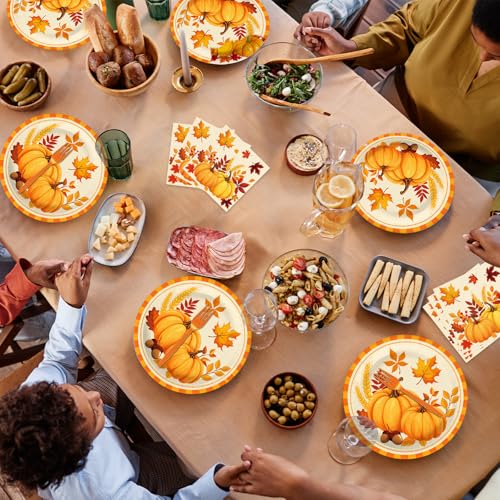 Tedercle 100-Piece Fall Pumpkin Leaves Tableware Set - Serves 25 – Disposable Plates, Napkins, Forks for Thanksgiving