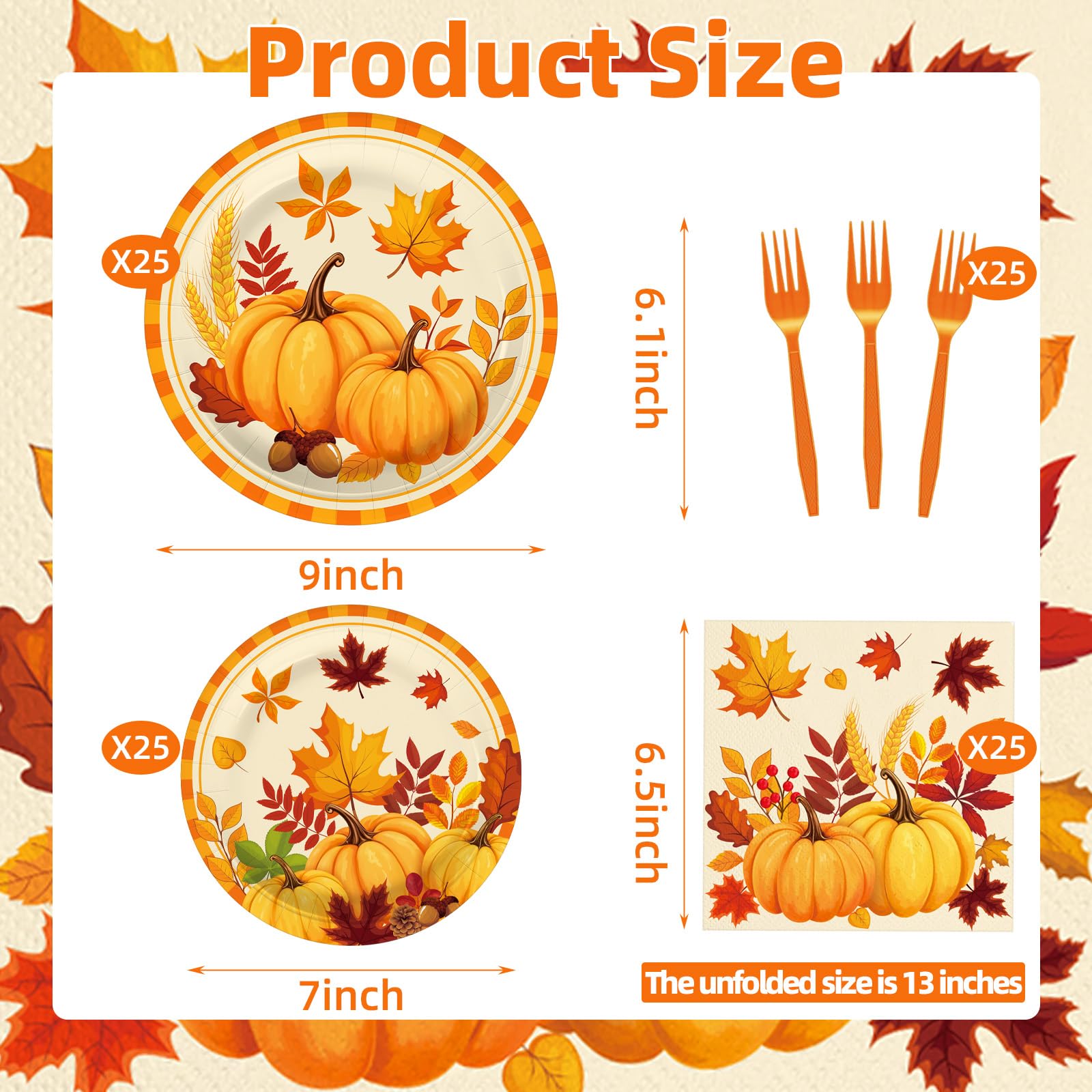Tedercle 100-Piece Fall Pumpkin Leaves Tableware Set - Serves 25 – Disposable Plates, Napkins, Forks for Thanksgiving