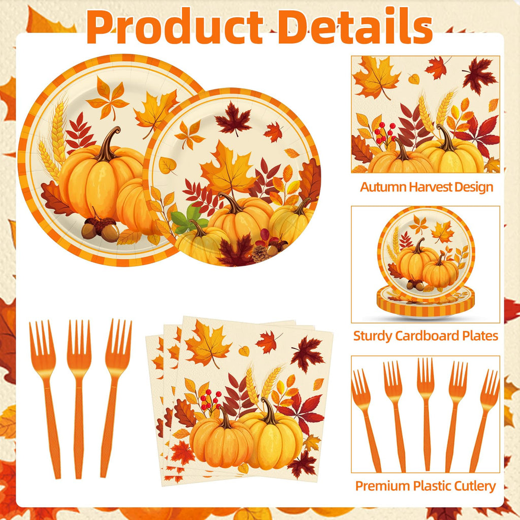 Tedercle 100-Piece Fall Pumpkin Leaves Tableware Set - Serves 25 – Disposable Plates, Napkins, Forks for Thanksgiving