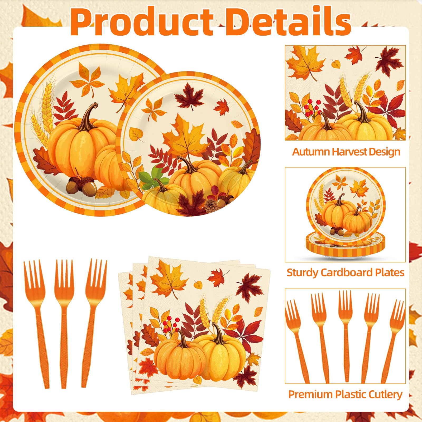 Tedercle 100-Piece Fall Pumpkin Leaves Tableware Set - Serves 25 – Disposable Plates, Napkins, Forks for Thanksgiving