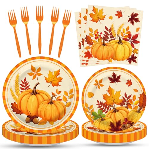 Tedercle 100-Piece Fall Pumpkin Leaves Tableware Set - Serves 25 – Disposable Plates, Napkins, Forks for Thanksgiving