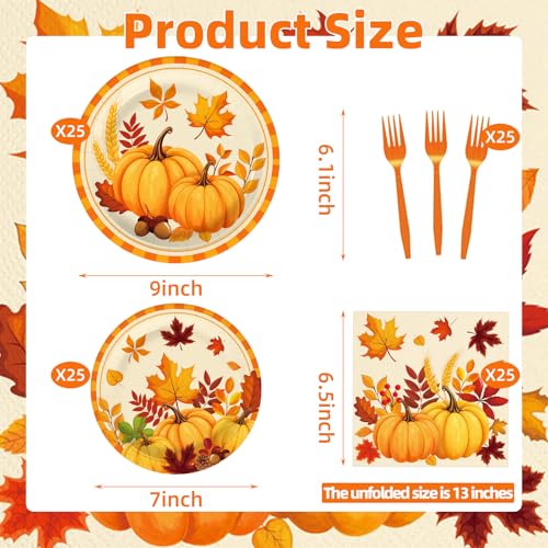 Tedercle 100-Piece Fall Pumpkin Leaves Tableware Set - Serves 25 – Disposable Plates, Napkins, Forks for Thanksgiving