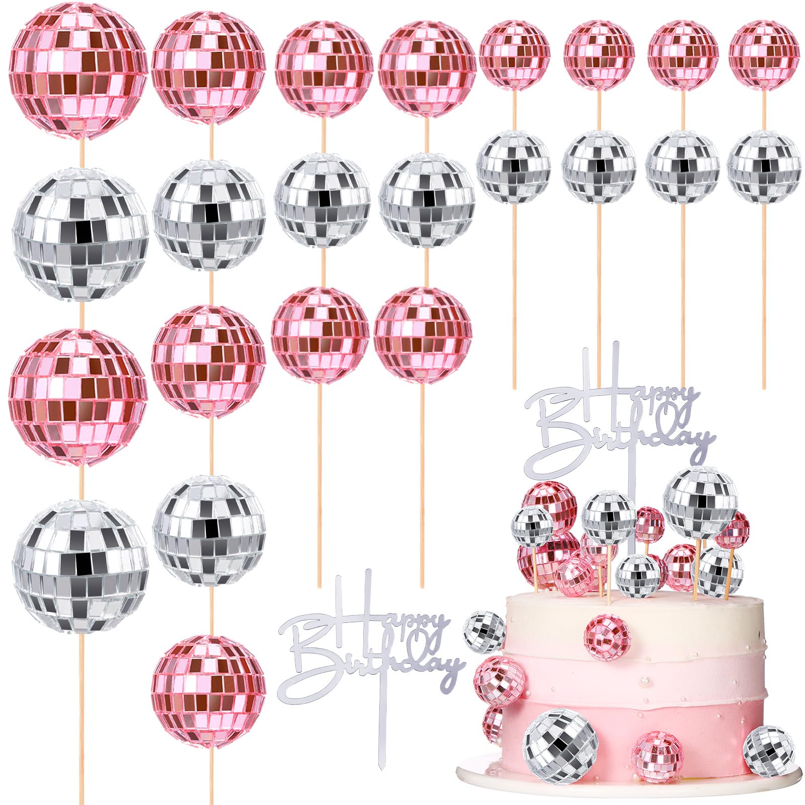Teenyyou 24-Piece Disco Ball Cupcake Toppers – Pink & Silver Retro Party Decorations for 70s, 80s, and 90s Themes