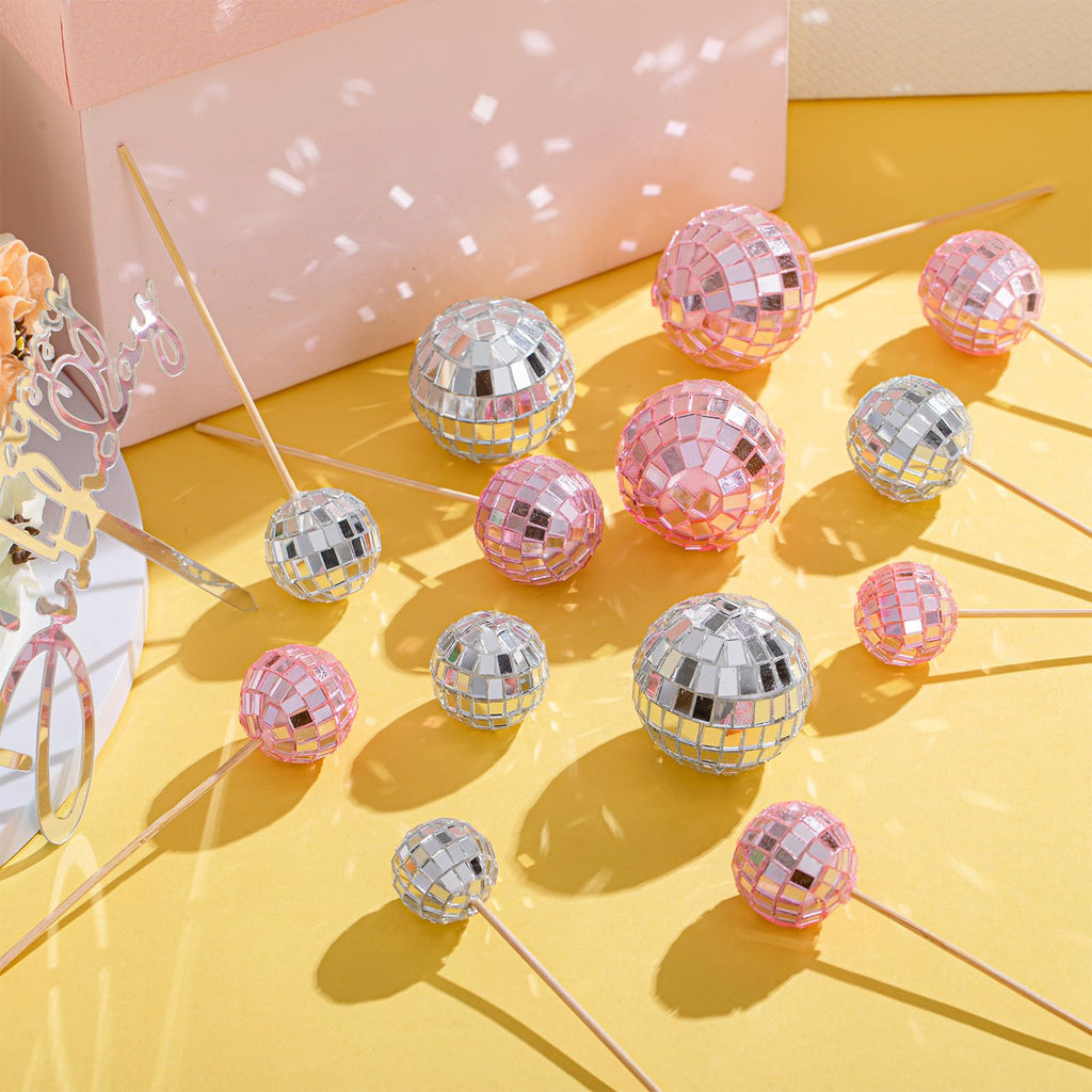 Teenyyou 24-Piece Disco Ball Cupcake Toppers – Pink & Silver Retro Party Decorations for 70s, 80s, and 90s Themes