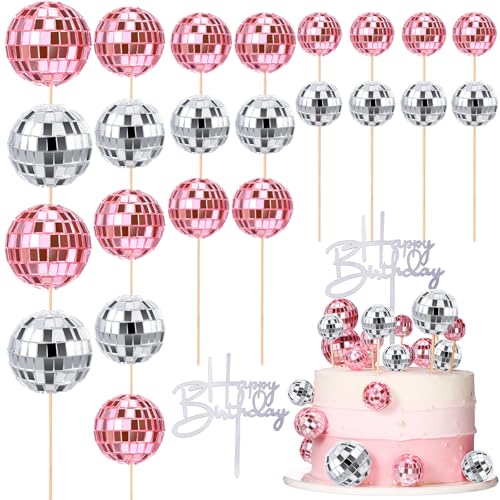 Teenyyou 24-Piece Disco Ball Cupcake Toppers – Pink & Silver Retro Party Decorations for 70s, 80s, and 90s Themes