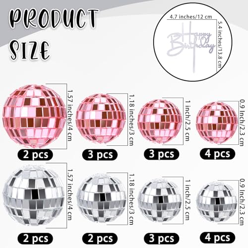Teenyyou 24-Piece Disco Ball Cupcake Toppers – Pink & Silver Retro Party Decorations for 70s, 80s, and 90s Themes