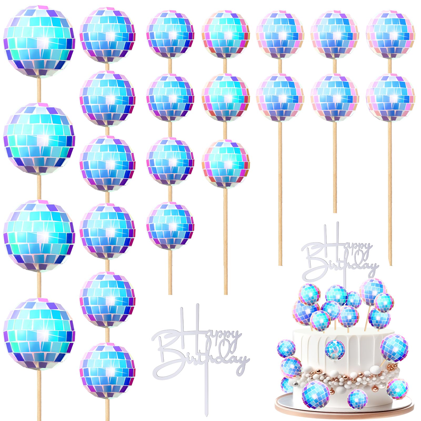 Teenyyou 24-Piece Disco Ball Cupcake Toppers – Retro Happy Birthday Decorations for 70s-90s Parties (Iridescent)