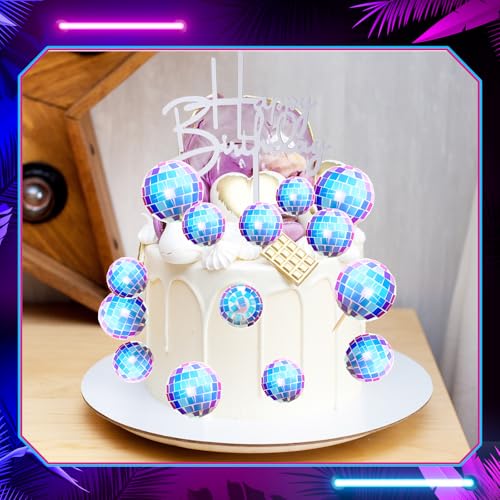 Teenyyou 24-Piece Disco Ball Cupcake Toppers – Retro Happy Birthday Decorations for 70s-90s Parties (Iridescent)