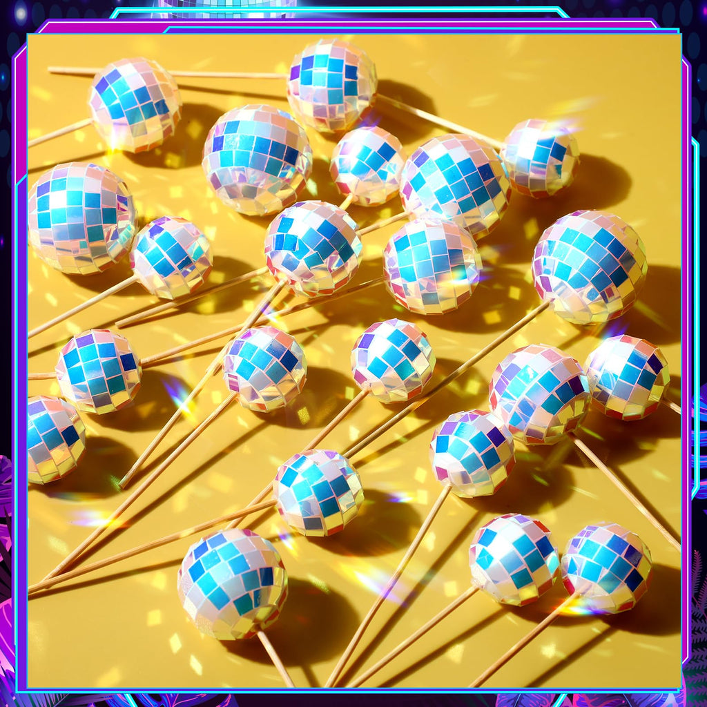 Teenyyou 24-Piece Disco Ball Cupcake Toppers – Retro Happy Birthday Decorations for 70s-90s Parties (Iridescent)