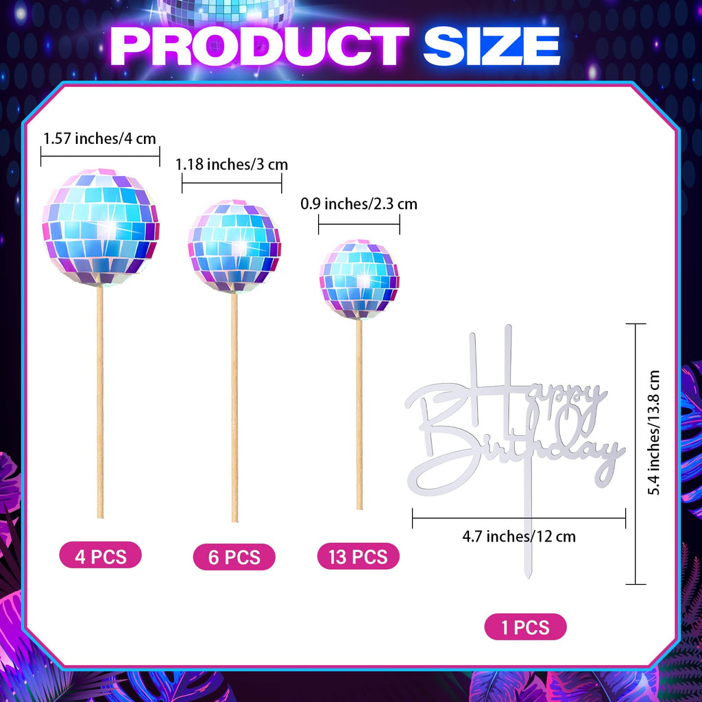 Teenyyou 24-Piece Disco Ball Cupcake Toppers – Retro Happy Birthday Decorations for 70s-90s Parties (Iridescent)