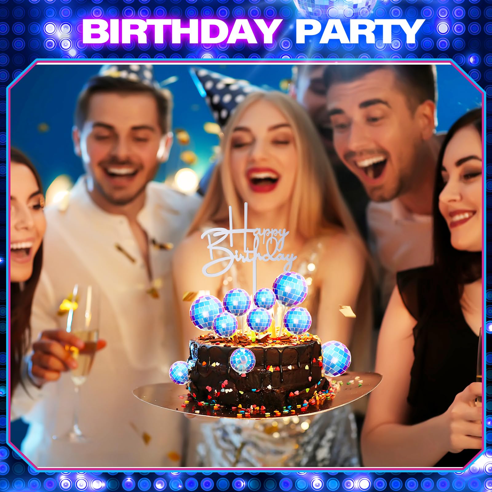 Teenyyou 24-Piece Disco Ball Cupcake Toppers – Retro Happy Birthday Decorations for 70s-90s Parties (Iridescent)