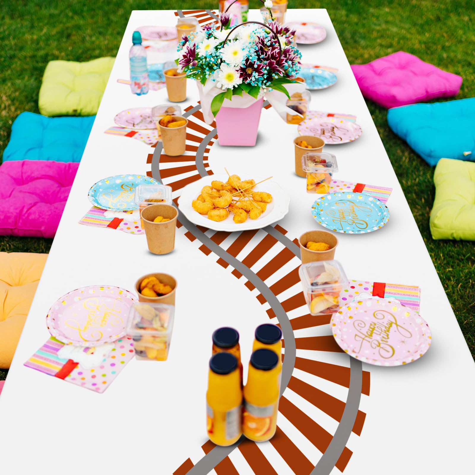 Teenyyou 3-Pack Train Track Tablecloths - 54x108 Inch Plastic Party Table Covers for Railroad Themed Birthdays