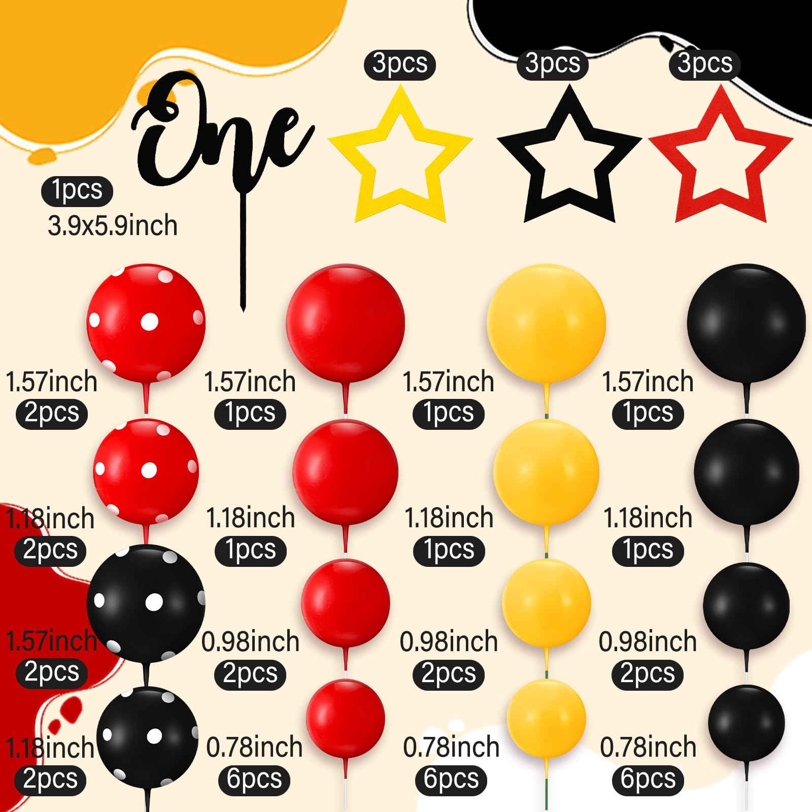 Teenyyou 57-Piece Cake Topper Set – Black Red Yellow Ball & Star Decorations with 'ONE' Flag for 1st Birthday