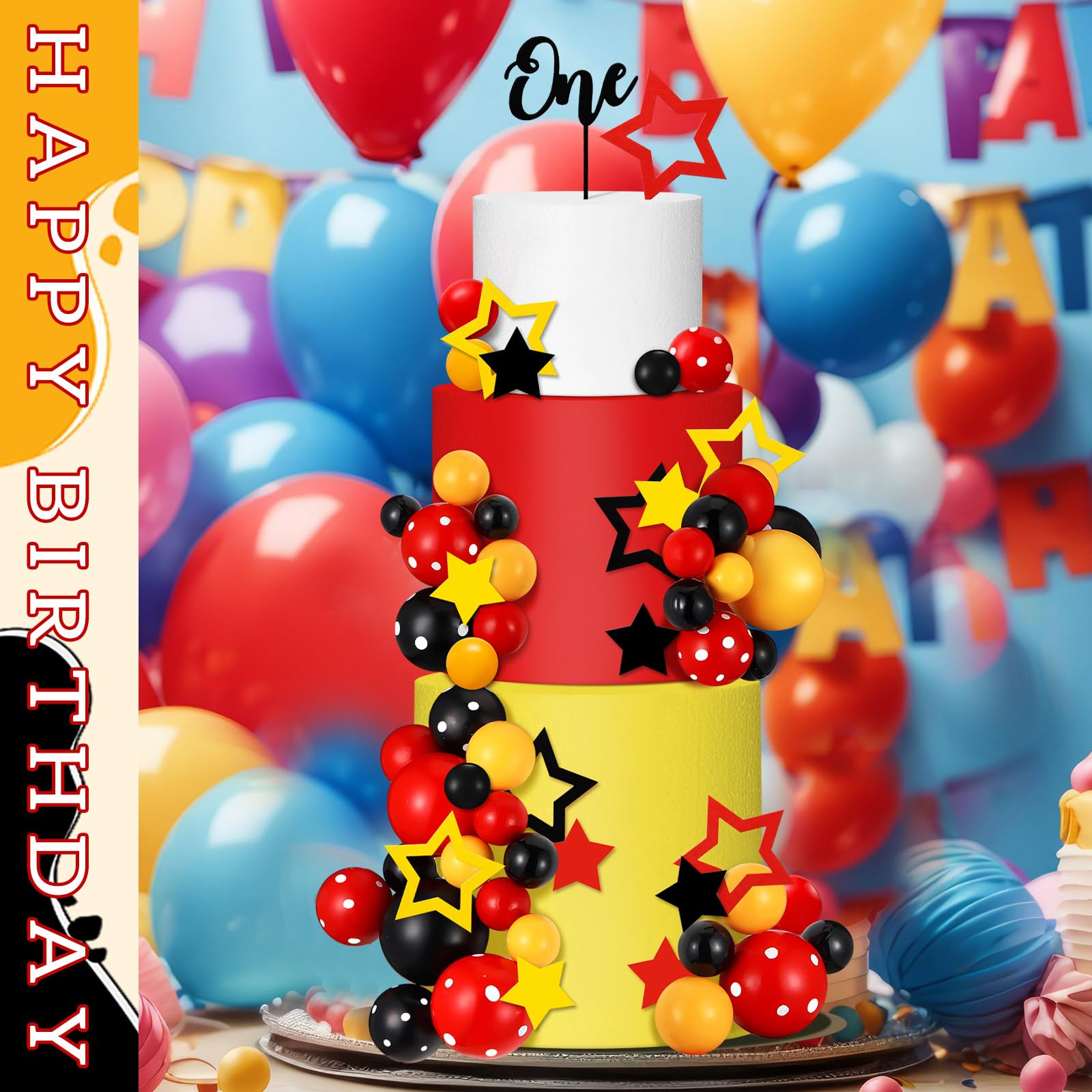 Teenyyou 57-Piece Cake Topper Set – Black Red Yellow Ball & Star Decorations with 'ONE' Flag for 1st Birthday