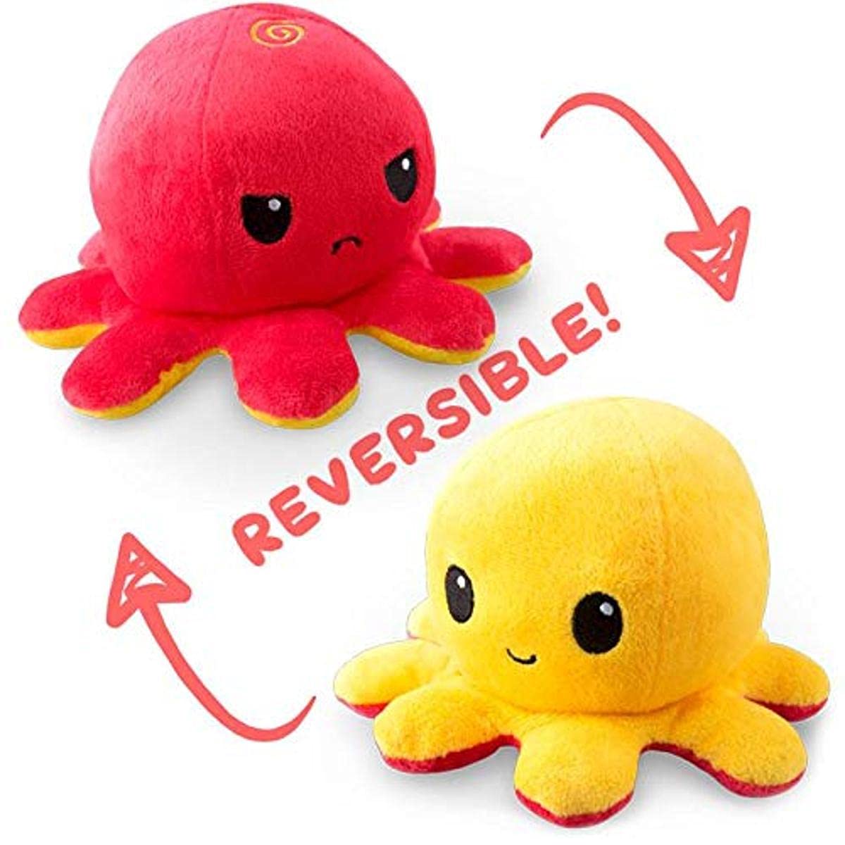 TeeTurtle Reversible Octopus Plushie 4-Inch Red + Yellow Two-Sided Flip Plush Toy with Embroidered Details