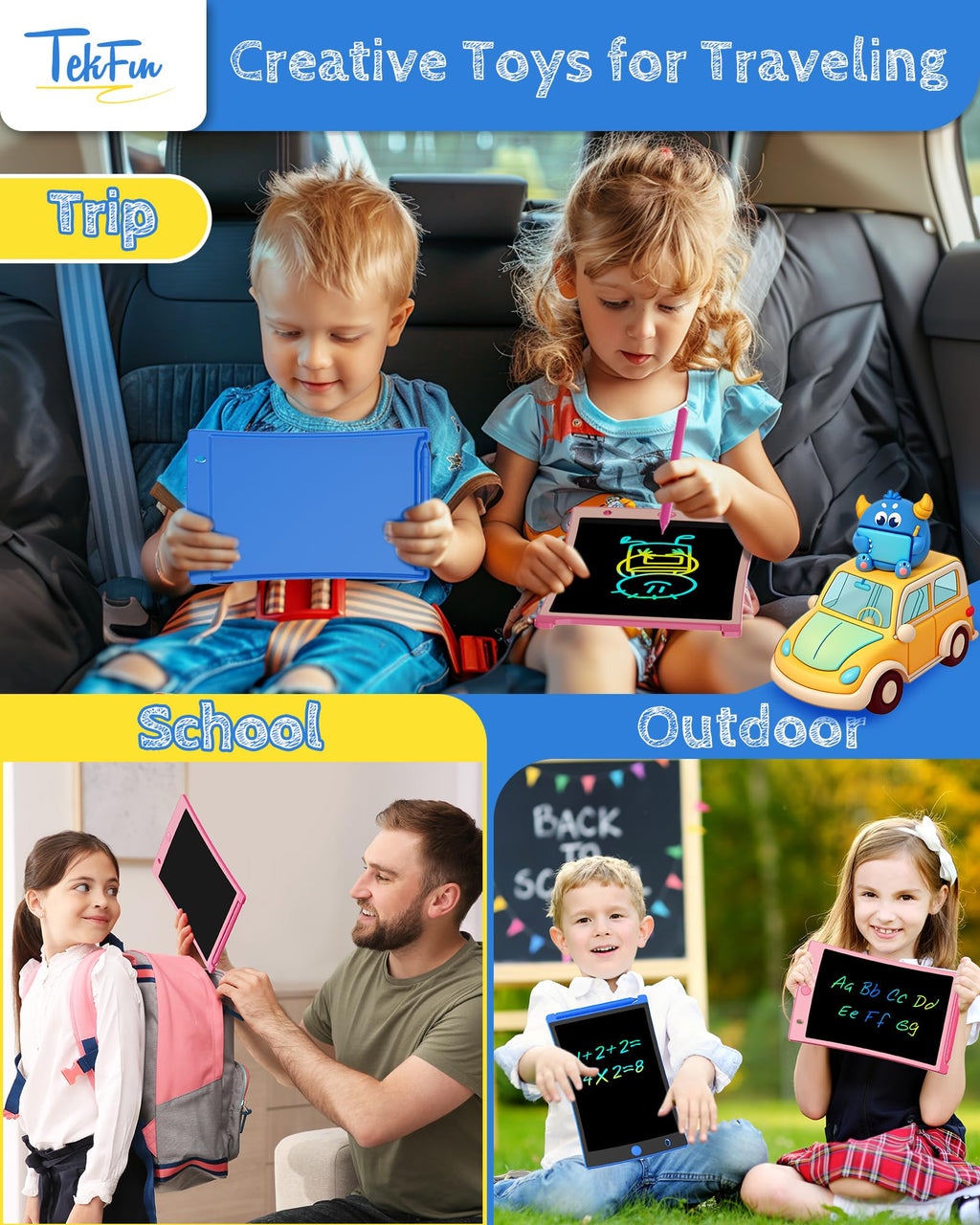 TEKFUN 2-Pack LCD Writing Tablet 8.5" - Blue & Pink Doodle Boards with 4 Stylus Pens, Mess-Free Erasable Drawing Pad for Kids Ages 3-7