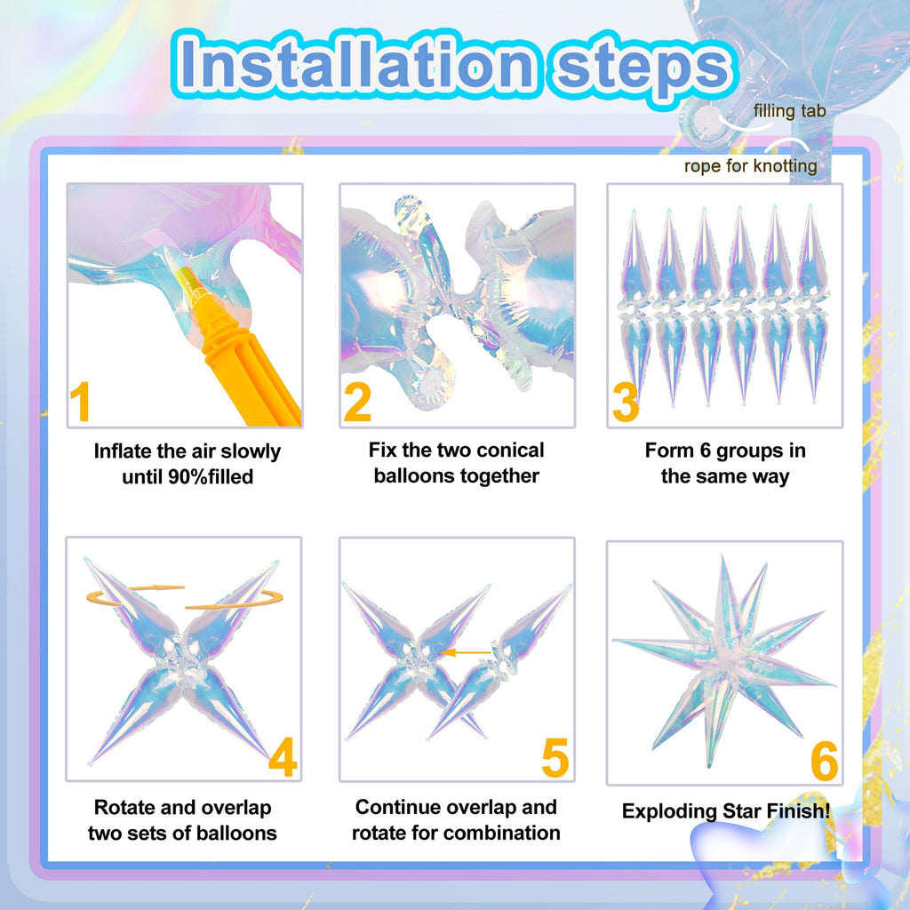 Tellpet 50-Pack Iridescent Spike Foil Star Balloons for Party Decorations