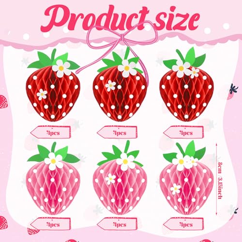 Tenare 24 Pack Strawberry Honeycomb Decorations – Red & Pink Paper Balls for Berry Party Centerpieces