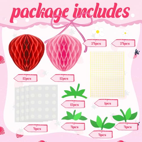Tenare 24 Pack Strawberry Honeycomb Decorations – Red & Pink Paper Balls for Berry Party Centerpieces