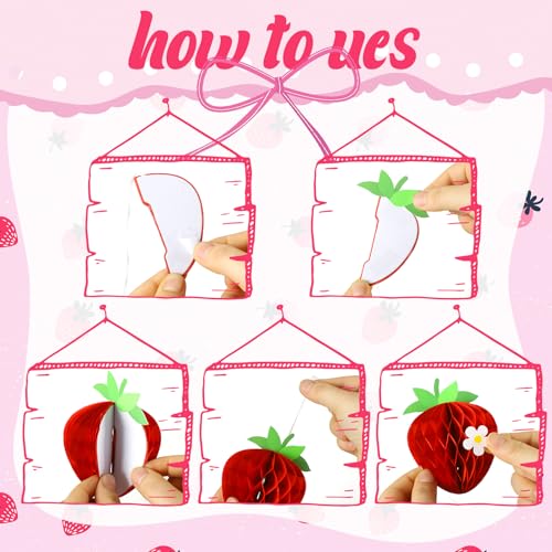 Tenare 24 Pack Strawberry Honeycomb Decorations – Red & Pink Paper Balls for Berry Party Centerpieces