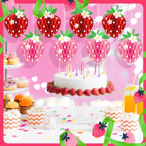 Tenare 24 Pack Strawberry Honeycomb Decorations – Red & Pink Paper Balls for Berry Party Centerpieces